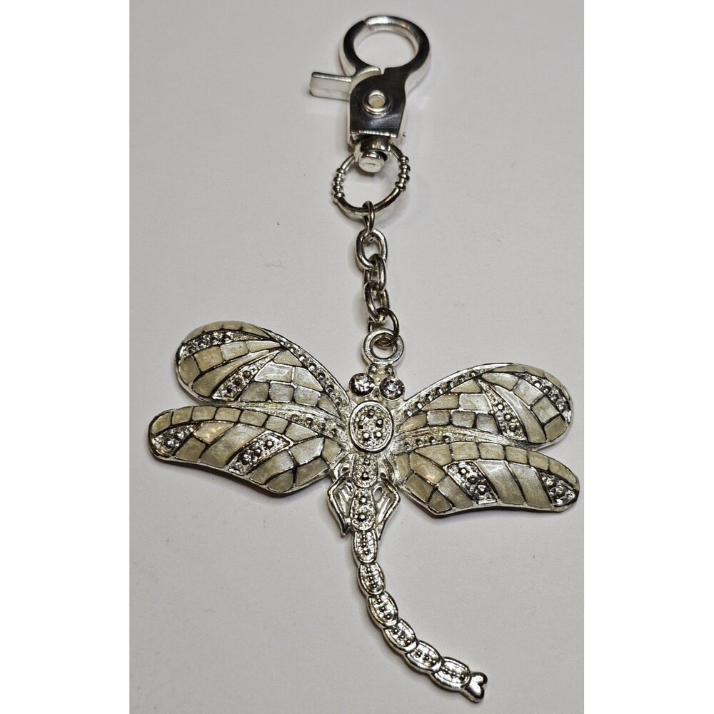 White Enamel Silver Pewter Dragonfly Keychain Bag Charm Fairycore Nature Keyring